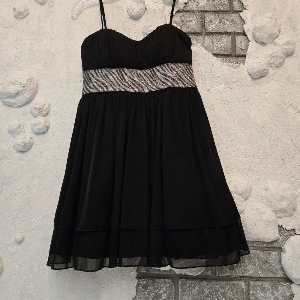 Black Chiffon Mini Dress Silver Metallic Zebra Print Y2K Party Sweetheart Size S